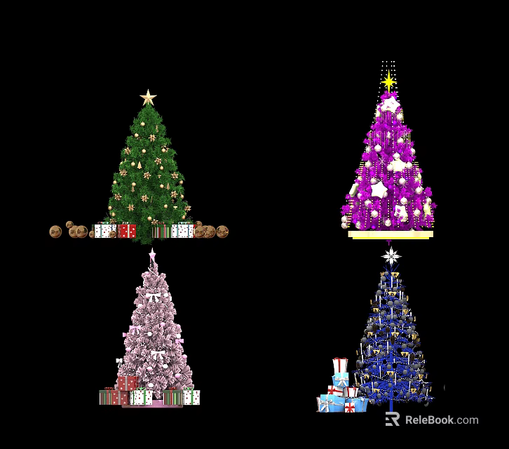 Festive Christmas Trees with Green Purple Pink Blue Decorations and Gift Boxes 3d model 