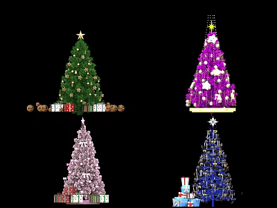 Festive Christmas Trees with Green Purple Pink Blue Decorations and Gift Boxes 3d model