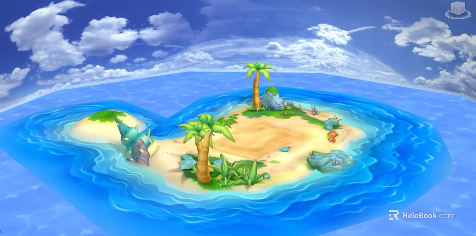 Cartoon Heart Shaped Island with Palm Trees Sandy Beach Blue Ocean and White Clouds 3d model 