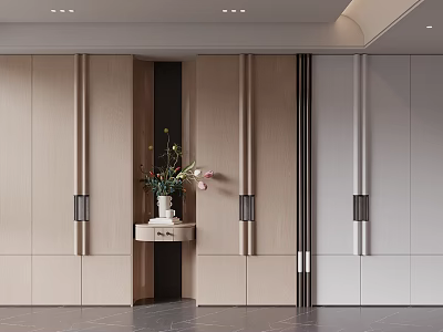 Modern Wardrobe Design With Wooden Panels Console Table And Flower Vase 3d model