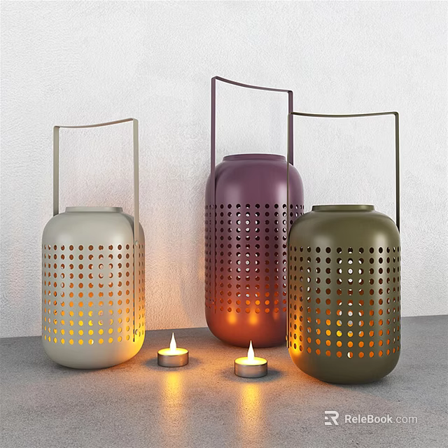 Light Gray Purple Green Perforated Candle Lanterns With Handle And Lit Candles 3d model 