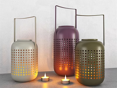 Light Gray Purple Green Perforated Candle Lanterns With Handle And Lit Candles 3d model