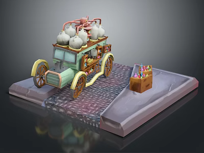 Light Green Vintage Candy Cart Yellow Wheels White Cotton Candy Top And Colorful Treats Stand 3d model