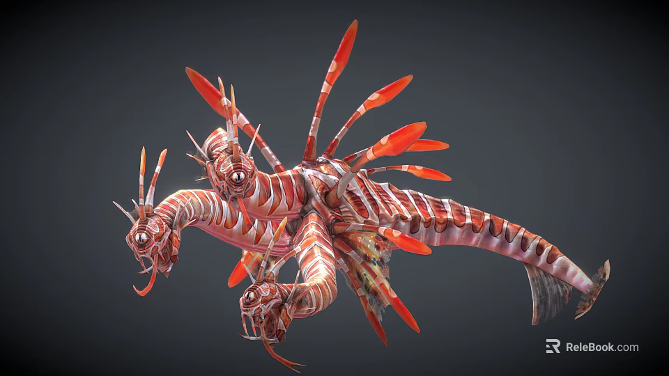 Two Mythical Red White Striped Creatures With Dragon Like Bodies And Red Feathered Wings 3d model 
