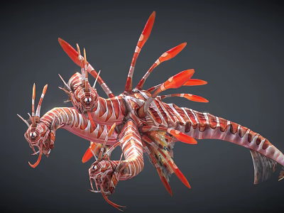 Two Mythical Red White Striped Creatures With Dragon Like Bodies And Red Feathered Wings 3d model