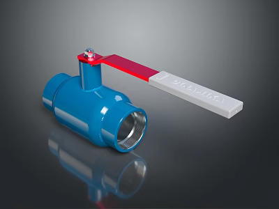 Blue Industrial Ball Valve With Red Handle And Metal Body Structure 3d model