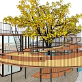 Circular Glass Building Design Surrounding Large Tree With Multi Level Terraces 3d model