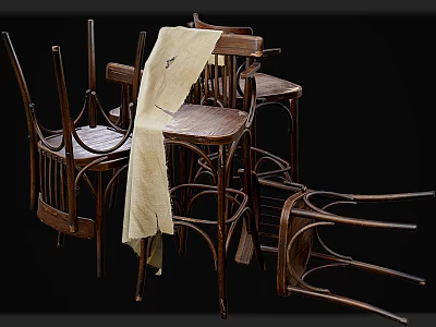 Rustic Wooden Bar Stools With Classic Design And Curved Leg Structure 3d model