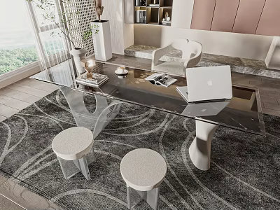 Modern Glass Top Desk With Transparent Chairs Laptop And Window View 3d model