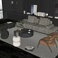 Modern Gray Sofa And Round Coffee Table Set With Brown Chairs Rug Bookshelves And Decor