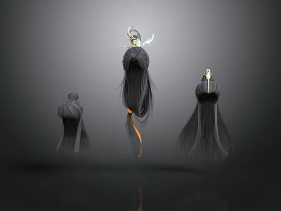 Three Different Black Long Hair Wigs With Decorative Ornaments And Orange Ribbon 3d model