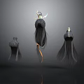 Three Different Black Long Hair Wigs With Decorative Ornaments And Orange Ribbon