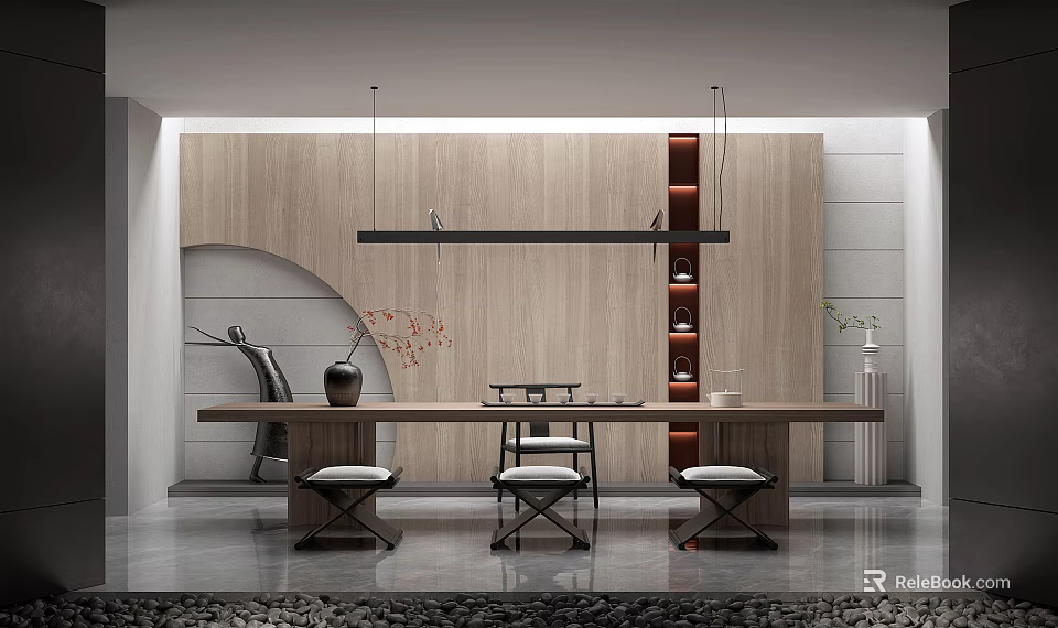 Modern Tea Room Interior With Wooden Decor Long Table And Hanging Lamp Decorations 3d model 