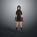 Woman Standing With Dark Hair In Black Top Short Pants Brown Boots On Neutral Background