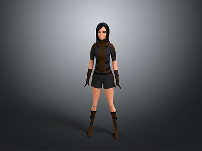 Woman Standing With Dark Hair In Black Top Short Pants Brown Boots On Neutral Background 3d model