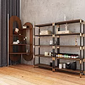 Modern Wooden Metal Display Shelves with Decorative Items and Storage in Living Room Interior