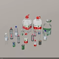Various Drinks Display with Bottled Water and Canned Beverages in Different Sizes 3d model