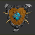 Ornate Wooden Shield With Blue Center Metal Frame And Horn Spikes