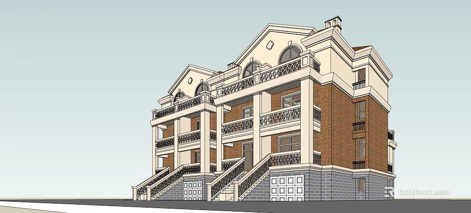 Semi Detached Villa Exterior Design With European Style Brick Balconies And Staircase 3d model 