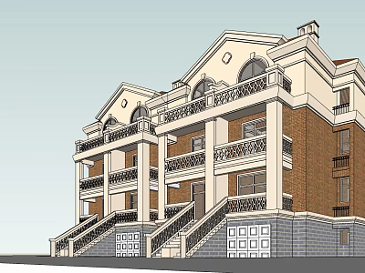 Semi Detached Villa Exterior Design With European Style Brick Balconies And Staircase 3d model