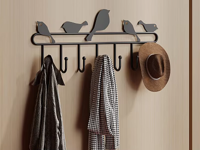 Decorative Hook Rack With Bird Design Hanging Scarves And Hat On Wooden Wall 3d model