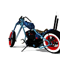 Custom Blue Motorcycle with Long Fork and Red White Rimmed Wheels