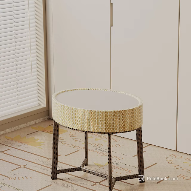 Modern Round Woven Side Table With White Top And Brown Legs 3d model 