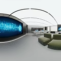 Modern Office Interior Design With Green Sofa White Chairs And Large TV Screen