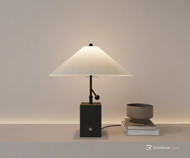Modern Table Lamp With White Shade And Black Base On Table With Books And Bowl 3d model 