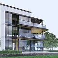 Modern Detached Villa Featuring Two-Story Glass Design and Wooden Balconies Surrounded by Green Trees