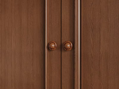 Brown Wooden Double Doors With Round Knobs And Vertical Panel Design 3d model