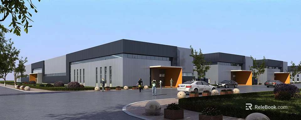 Modern Industrial Factory Building With Metal Exterior Gray Roof Entrance Parking Area And Trees 3d model 