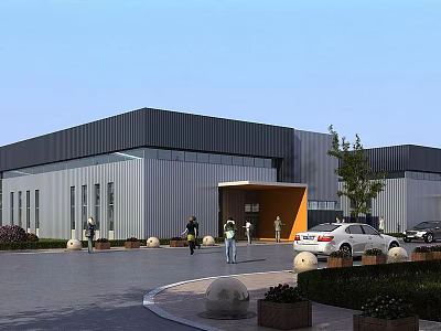 Modern Industrial Factory Building With Metal Exterior Gray Roof Entrance Parking Area And Trees 3d model