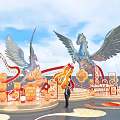 Art Installation Featuring Pegasus Statues With Large Wings Decorative Steps And Traditional Lanterns