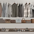 Stylish Hanging Clothes With Various Bags And Shoes In Organized Wardrobe