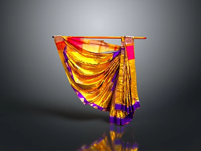Shiny Gold Red And Purple Sari Hanging On Decorative Rod 3d model