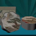 Chinese Style Opened Box With Landscape Design And Cylindrical Container On Blue Fan Background