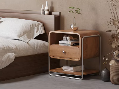 Modern Wooden Bedside Table with Drawer Vase Books and Minimalist Design 3d model