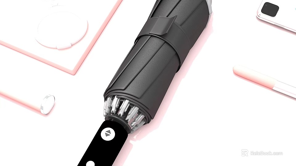 Black Folding Umbrella With Rib Details And Surrounding Desk Accessories 3d model 
