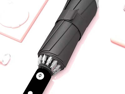 Black Folding Umbrella With Rib Details And Surrounding Desk Accessories 3d model