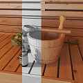 Relaxing SPA Sauna Room with Wooden Benches Traditional Stove Green Plants and Warm Lighting