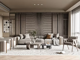 Quiet Living Room Sofa Tea Table Combination Single Person Sofa Leisure Chair Sofa Background Wall Painting Green Planting 3d model