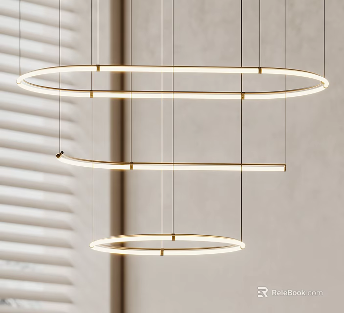 Modern Circular And Linear Pendant Lights With White Light Hanging In Interior With Blinds Background 3d model