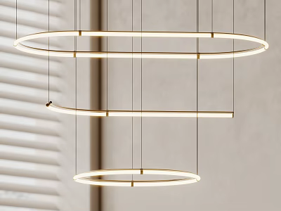 Modern Circular And Linear Pendant Lights With White Light Hanging In Interior With Blinds Background 3d model