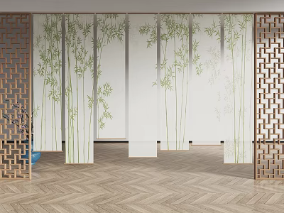 Bamboo Patterned Blinds In Oriental Interior With Herringbone Wood Flooring And Carved Screens 3d model