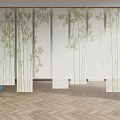 Bamboo Patterned Blinds In Oriental Interior With Herringbone Wood Flooring And Carved Screens