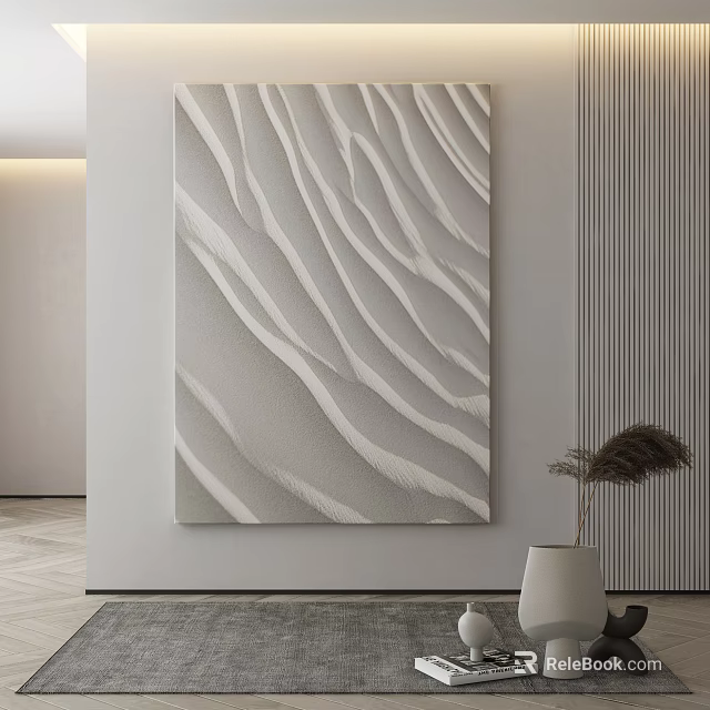 Minimalist Interior With Textured Light Gray Wavy Wall Art And White Vase 3d model 