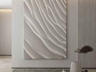 Minimalist Interior With Textured Light Gray Wavy Wall Art And White Vase 3d model