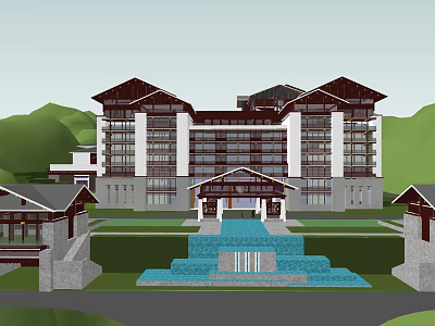 Grand Resort Building Exterior Featuring Traditional Roof And Central Water Fountain With Mountain View 3d model