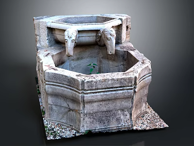 Traditional Stone Garden Fountain Ornament With Hexagonal Basin Animal Head Spouts And Small Plant 3d model